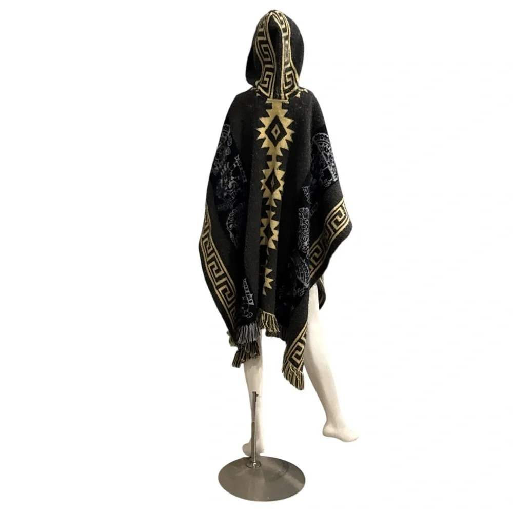 Unisex Andean Aztec Alpaca Blend Hooded Charcoal Multi Fringed Poncho Size OS